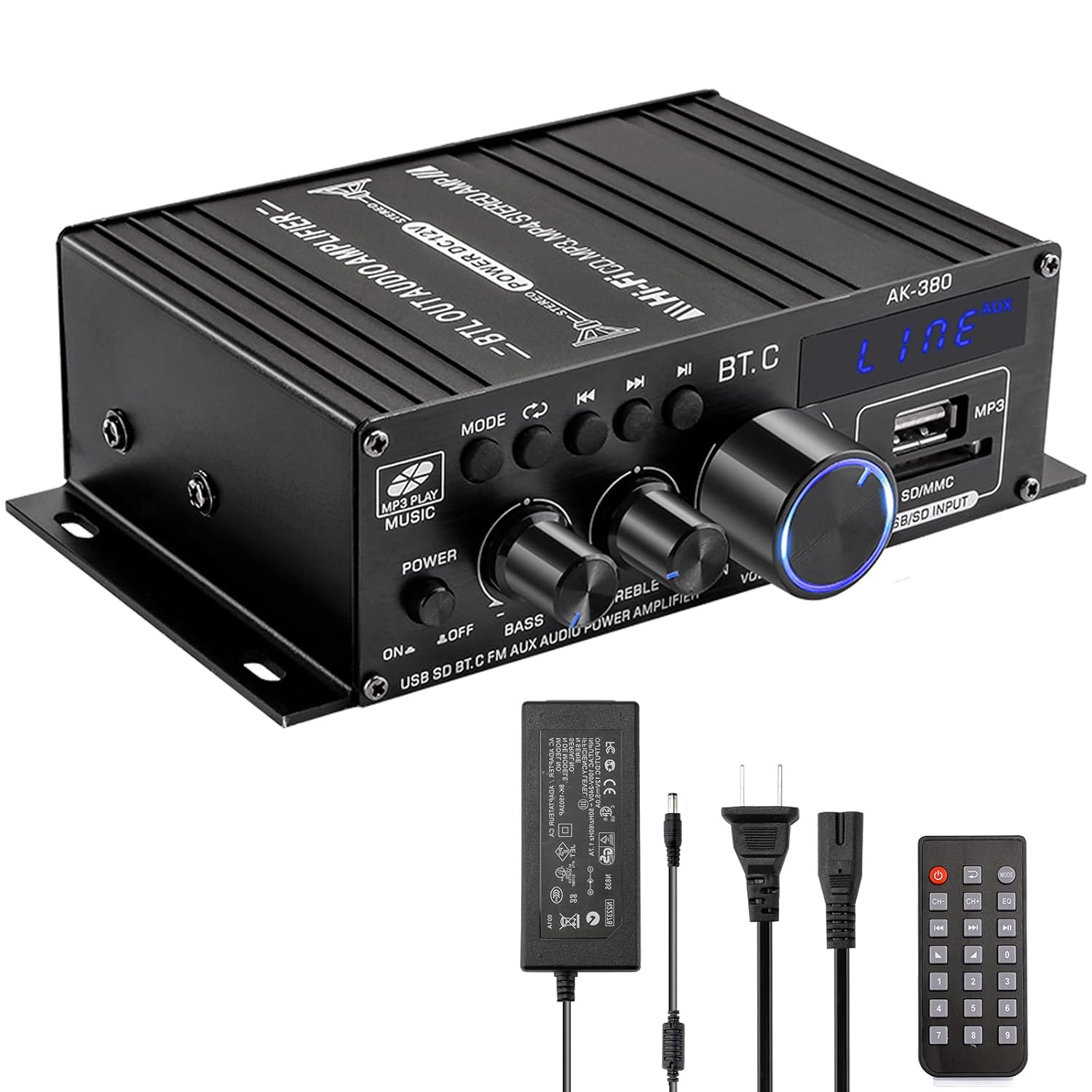 Amplificador Bluetooth Hi-Fi estéreo 2 canales 400WX2 clase D amplificador digital con sintonizador de graves para PC y cine en casa 12V