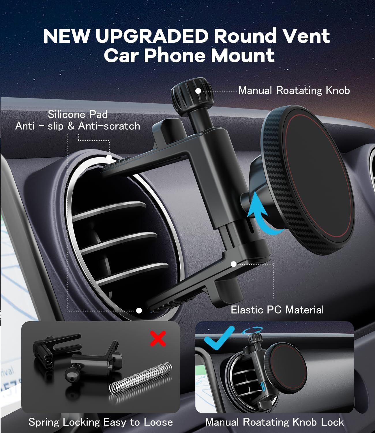 Magnetic Round Vent Car Phone Holder for Jeep Wrangler JL(2018-2025) Gradiator (2020-2024) Compass (2009-2016), Air Vent Car Mount Compatible with MagSafe for iPhone 17 16 15 14 13 12