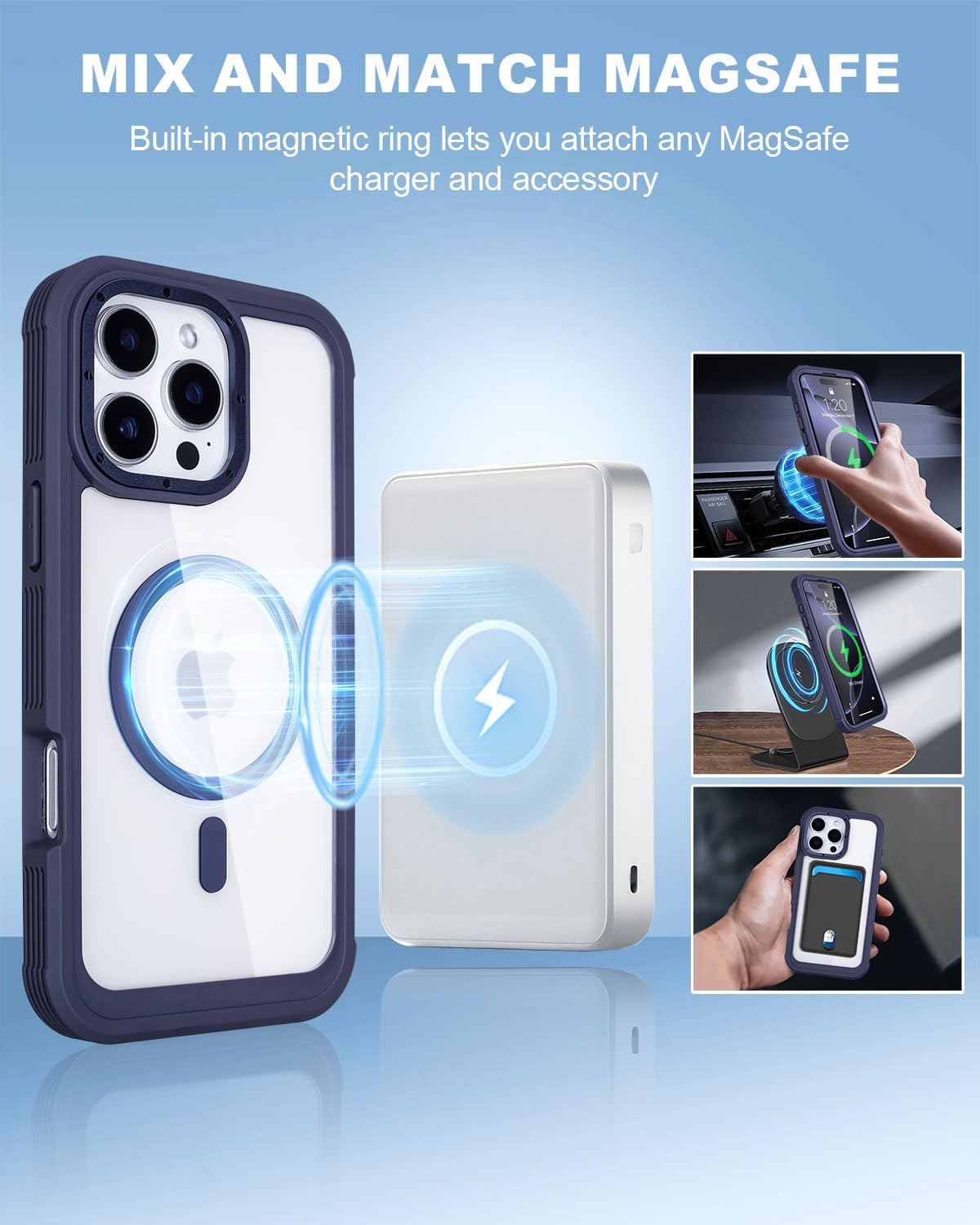 Phone Case for iPhone 16 Pro Max with Belt Clip Holster, Compatible with MagSafe, Anti-Yellowing, Military Shockproof Protective for Clear iPhone 16 Pro Max Case (Clear & Blue)