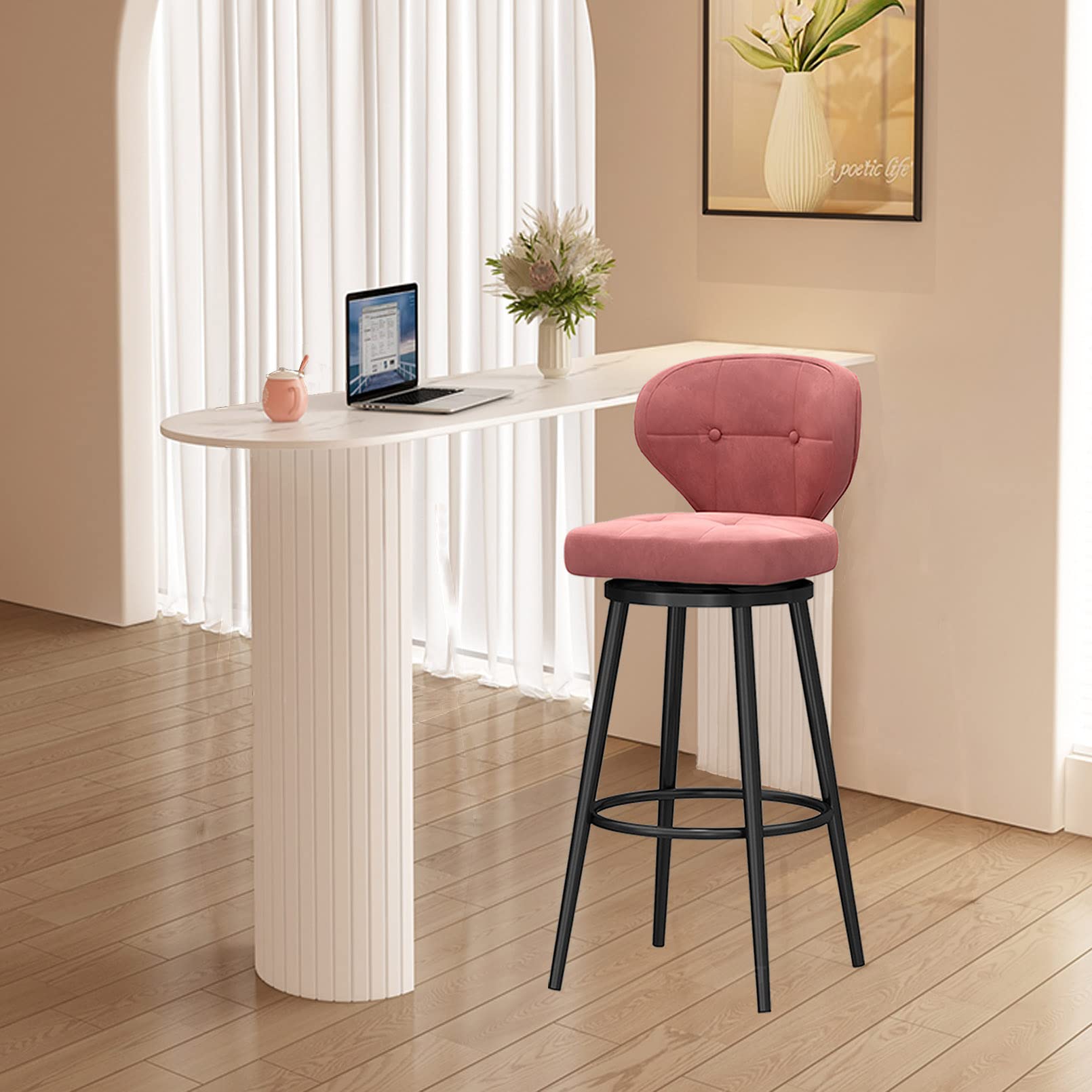 LUUYYI Moderno sgabello da bar girevole in velluto con schienale basso e gambe in metallo nero, sgabello da cucina per la colazione a casa e isola (rosa, 2 pezzi)