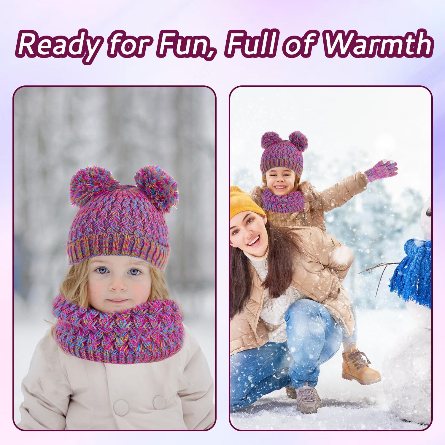 Kids Winter Hat Gloves Scarf Set Girls Toddler Beanie Hat with Pom Fleece Lined Knit Neck Warmer Gaiter Mittens - Image 7