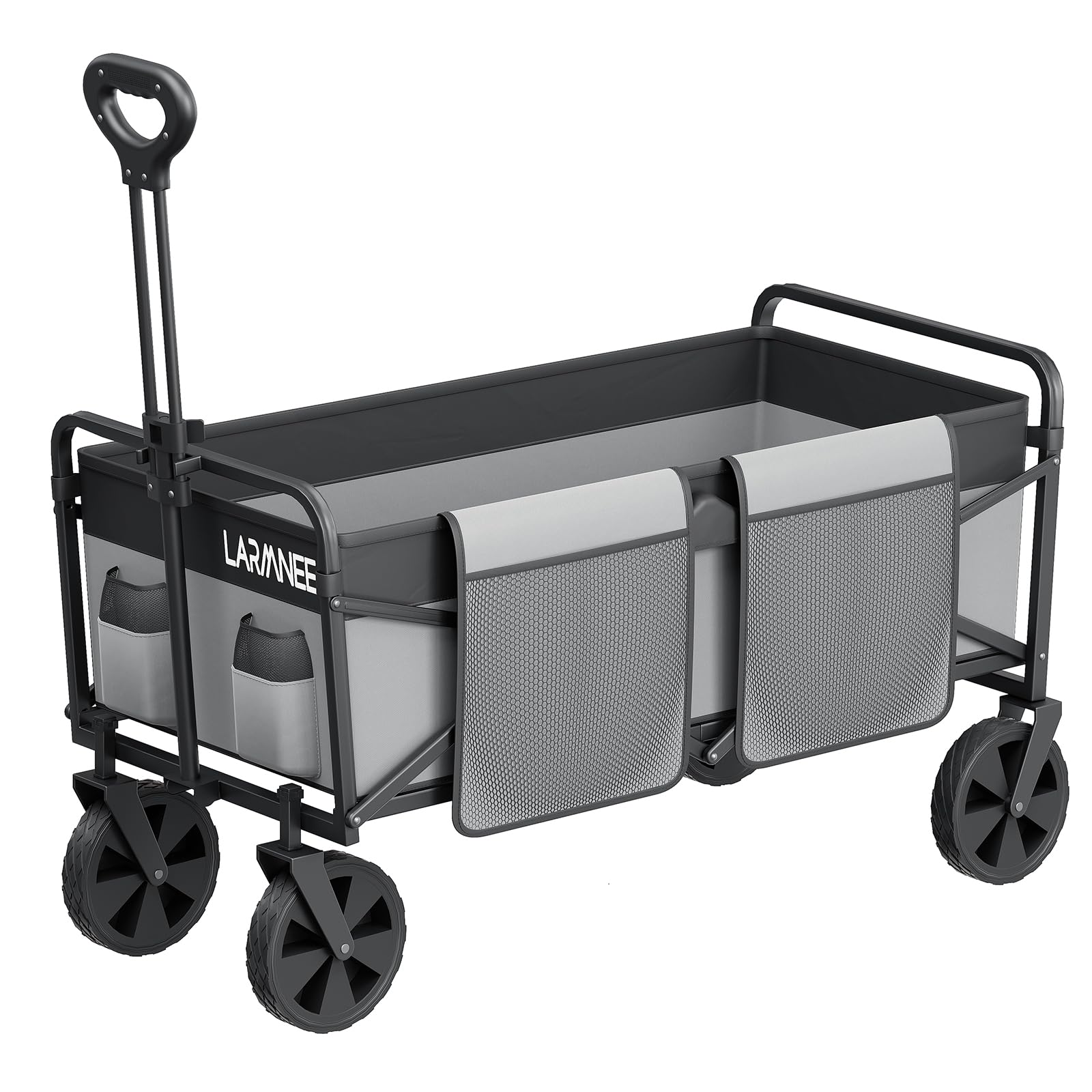 LARMNEE Faltbarer Handwagen, Gartenwagen, tragbarer Campingwagen mit verstellbarem Griff und 4 verstärkten Rädern, Bollerwagen, bis 120 kg belastbar, für Camping, Garten, Schwarz und Grau EBG01BW02
