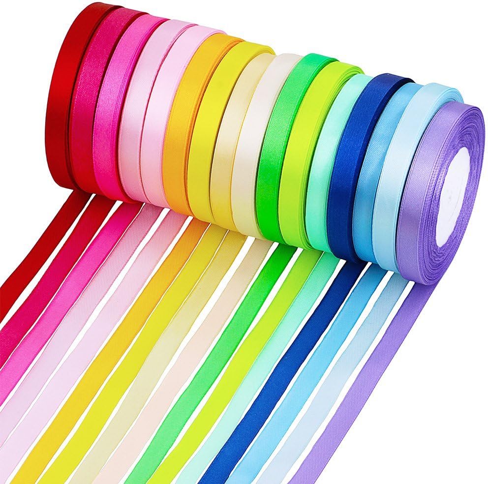 Supla 16 Colors Silk Satin Fabric Ribbon - 2/5" Wide, 25 Yard/roll, 16 Rolls - Satin Ribbon for Bows, Crafts, Gifts, Wedding