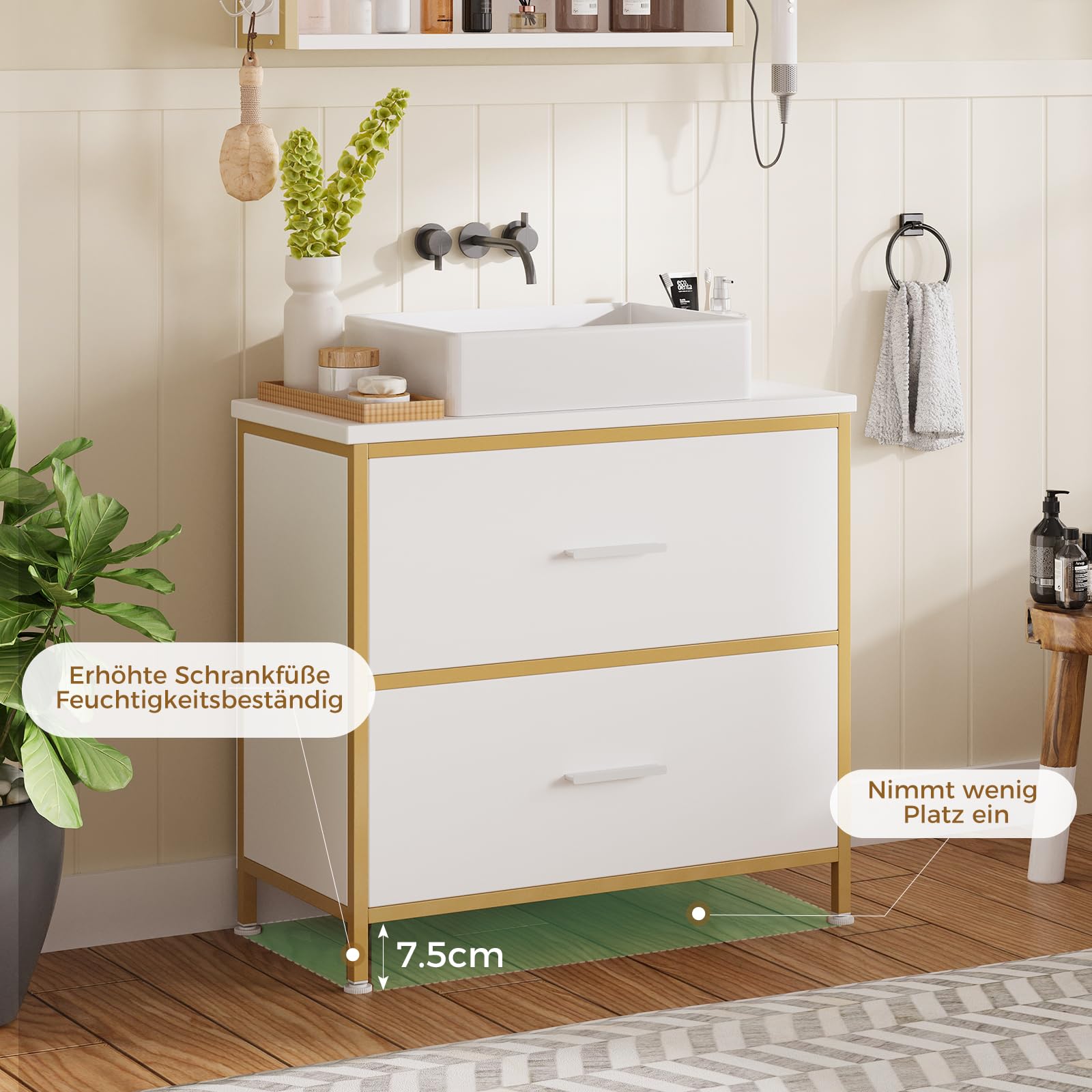 ELUCHANG Ensemble Meuble Salle de Bain 2 pièces,Armoire Murale Salle de Bain avec LED, Meuble sous lavabo avec 2 Tiroirs,étagères réglables, Style Industriel,Blanc+Doré
