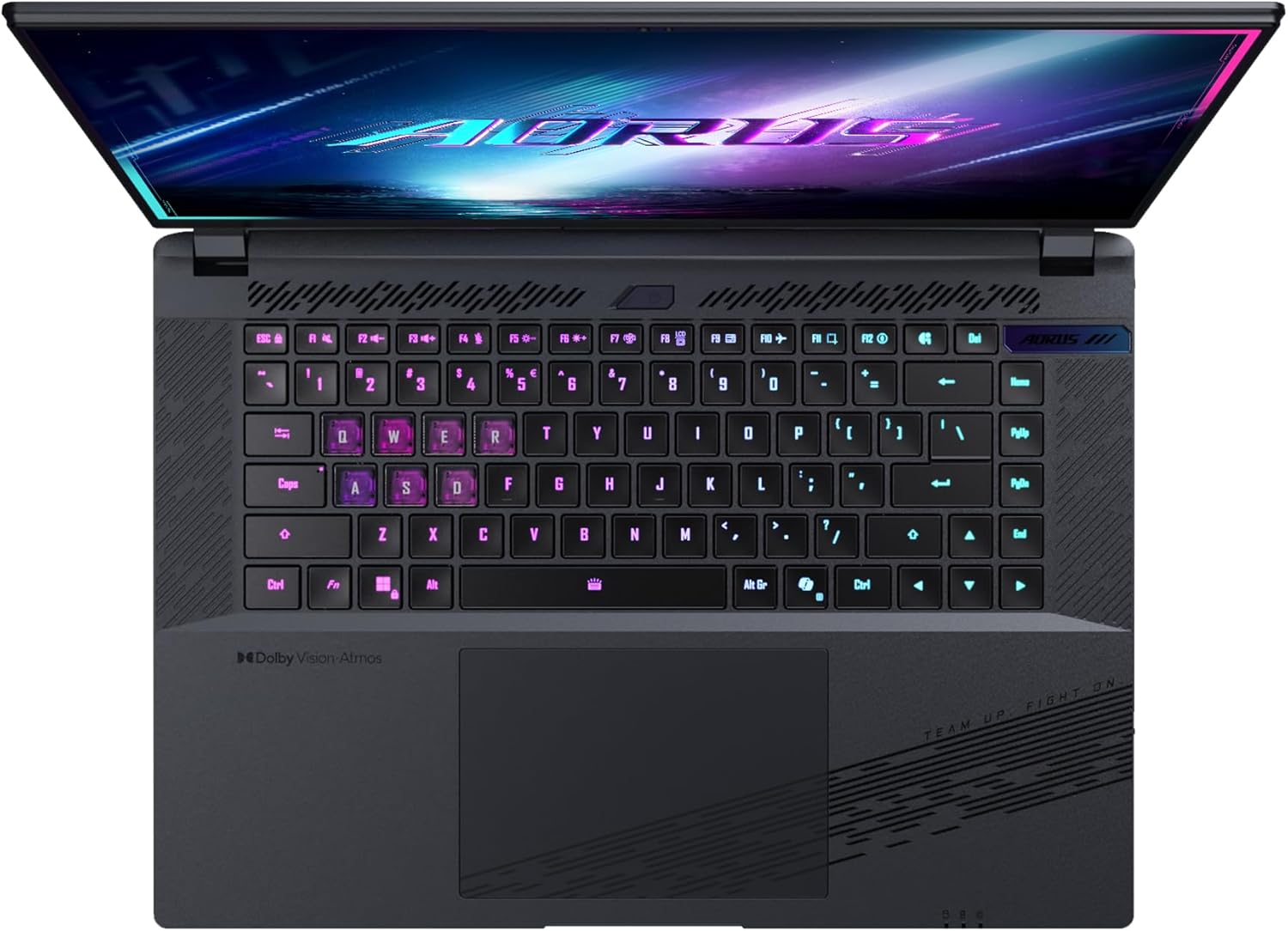 Top-down view of the GIGABYTE AORUS Elite 16 BWH keyboard with RGB backlighting