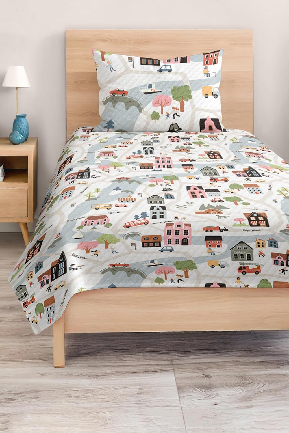 SODEF Quilt Set Twin Size City and Vehicle Pattern for Kids and Teens, Lightweight Cotton Polyester Blend, 2 Piece Set, Breathable, Multicolor - Multicolor, One Size