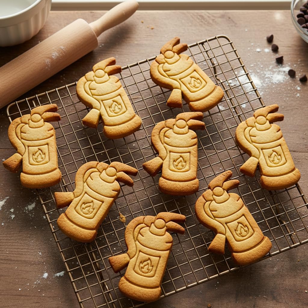 BAKERLOGY Set of 2 Fire Extinguisher & Flame Cookie Cutters – Firefighter Theme Biscuit Cutter Set for Safety Baking, Emergency Cookies, Fondant Decoration Tool