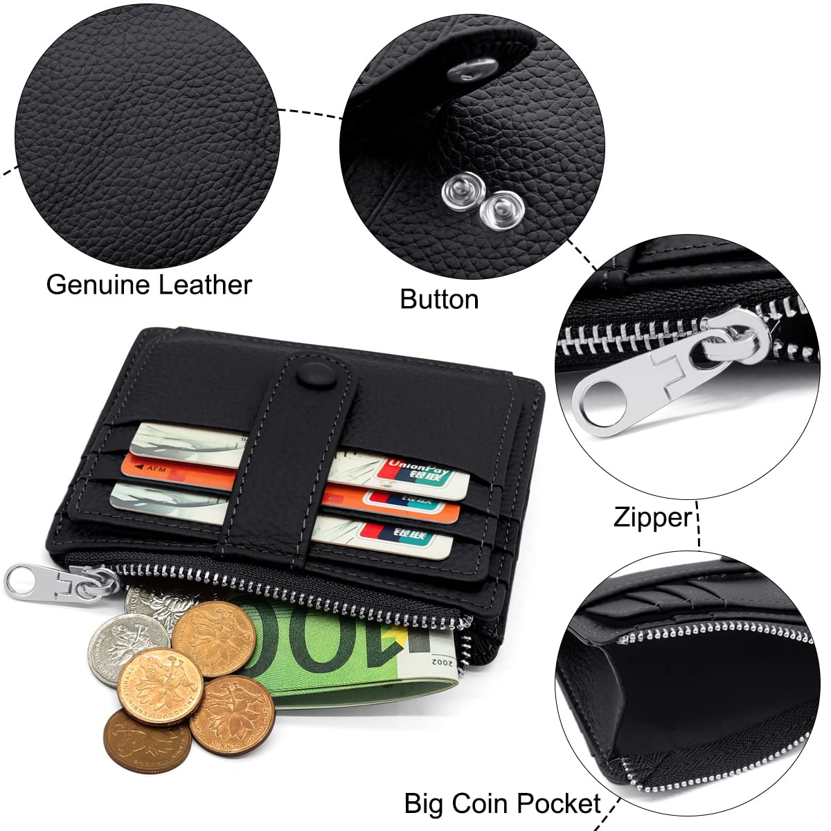 REETEE Portfel damski i męski, mały, z prawdziwej skóry, etui na karty, ochrona RFID, 14 przegródek na karty, Slim Wallet na prezent, czarny, M, minimalizm
