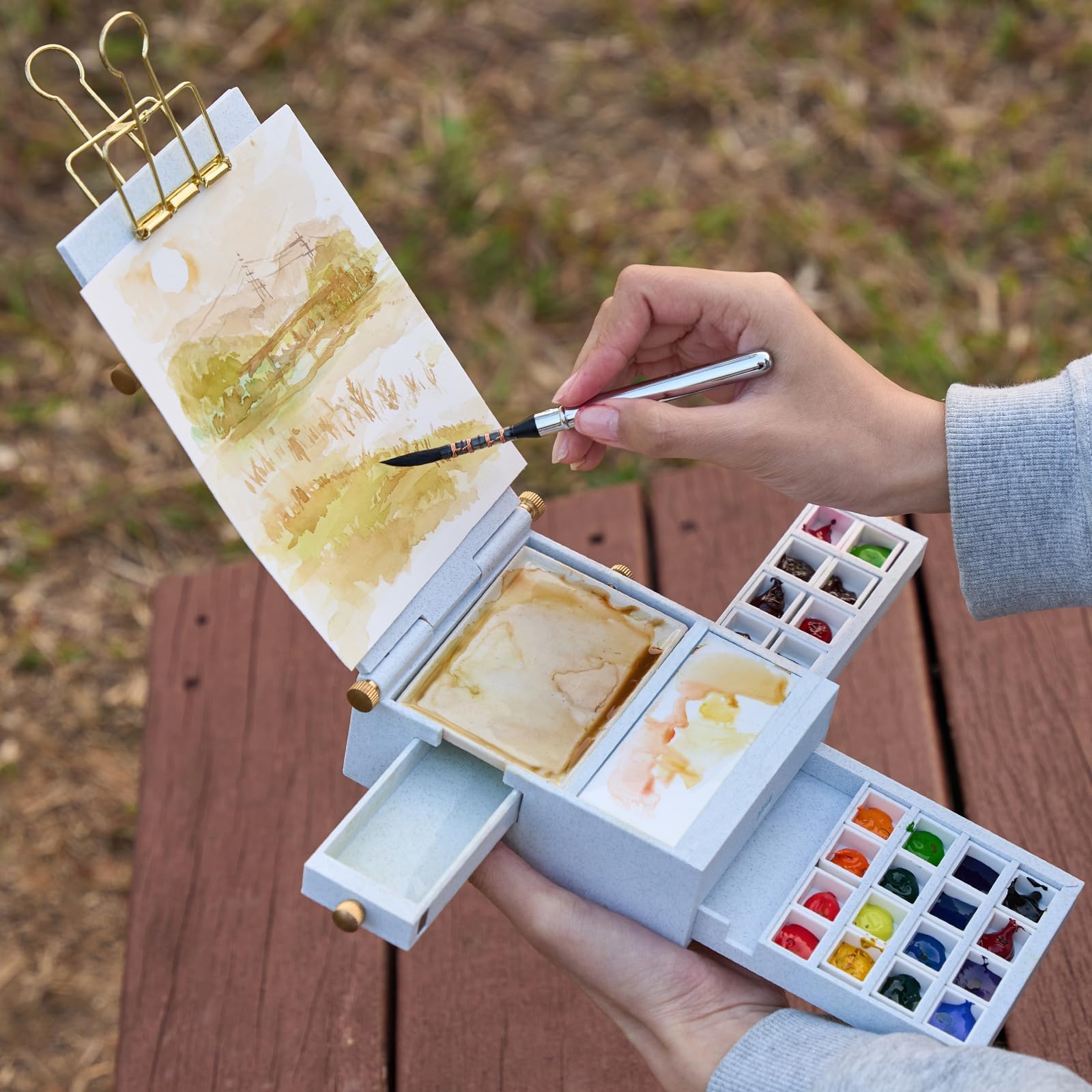 LIGHTWISH Scatola per acquerelli da viaggio, kit per acquerello portatile tutto in uno con 24 griglie vuote rimovibili, tavolozza in ceramica fatta a mano, tazza per acquerello e interfaccia