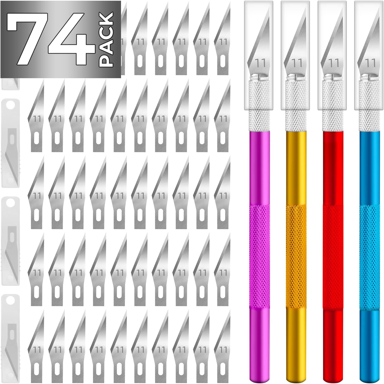 - JTIEO 74 Pack Hobby Knife Exacto Knife with 4 Upgrade Sharp Hobby Knives and 70 Spare Craft Knife Blades for Art, Scrapbooking,Stencil