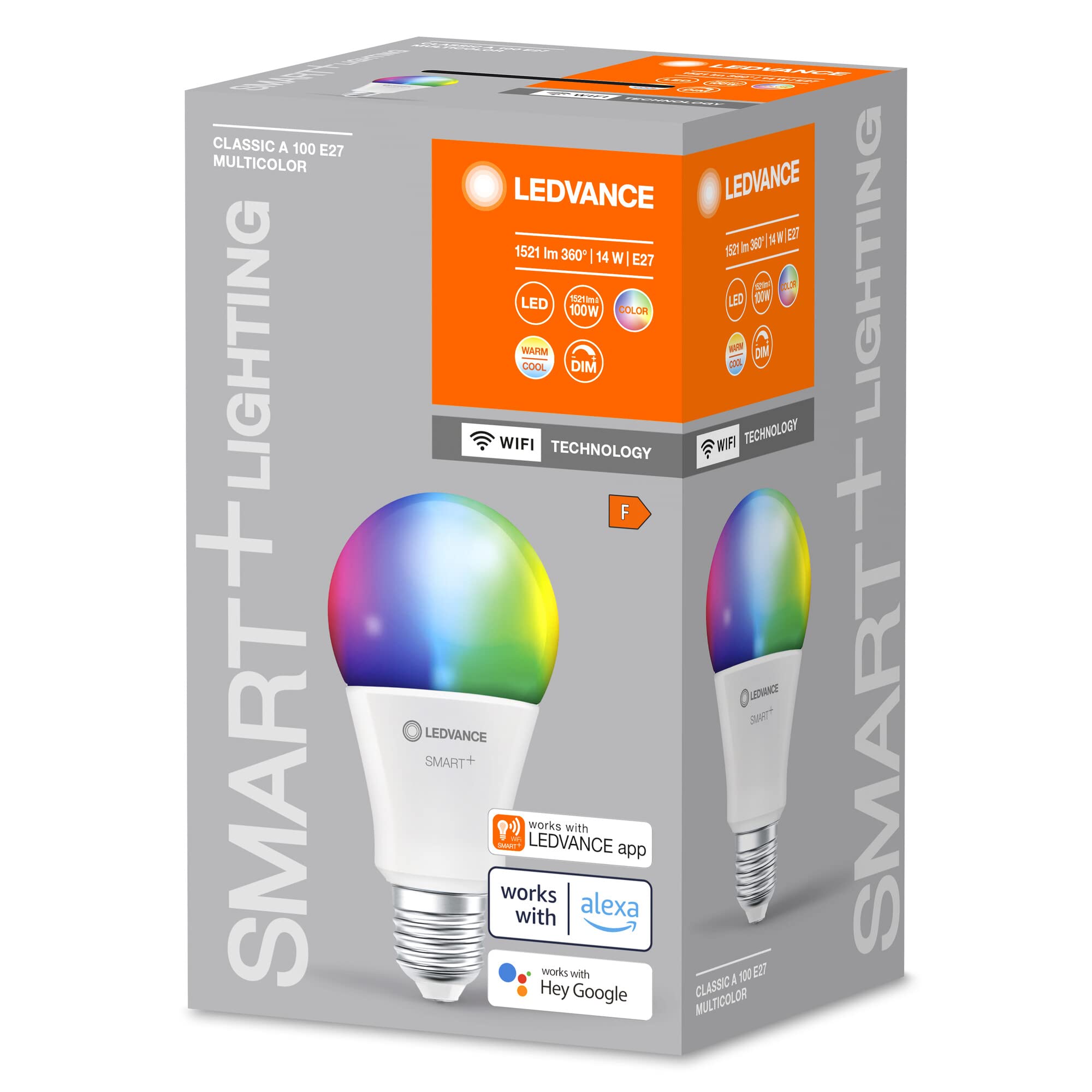 LEDVANCE Lampada LED SMART+ WIFI, smerigliata, 14W, 1521lm, forma classica a goccia con E27, luce colorata e luce bianca, controllo tramite app o vocale, durata fino a 20.000HR, confezione da 4
