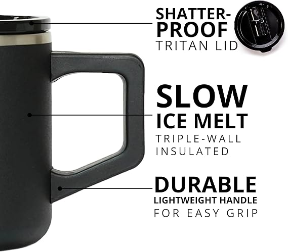 Elemental Insulated Coffee Mug - Triple-Wall Stainless Steel Summit Travel Cup for Hot and Cold Drinks - Thermal Coffee Mug with Lid and Handle for Camping, Office & Travel 12oz - Black