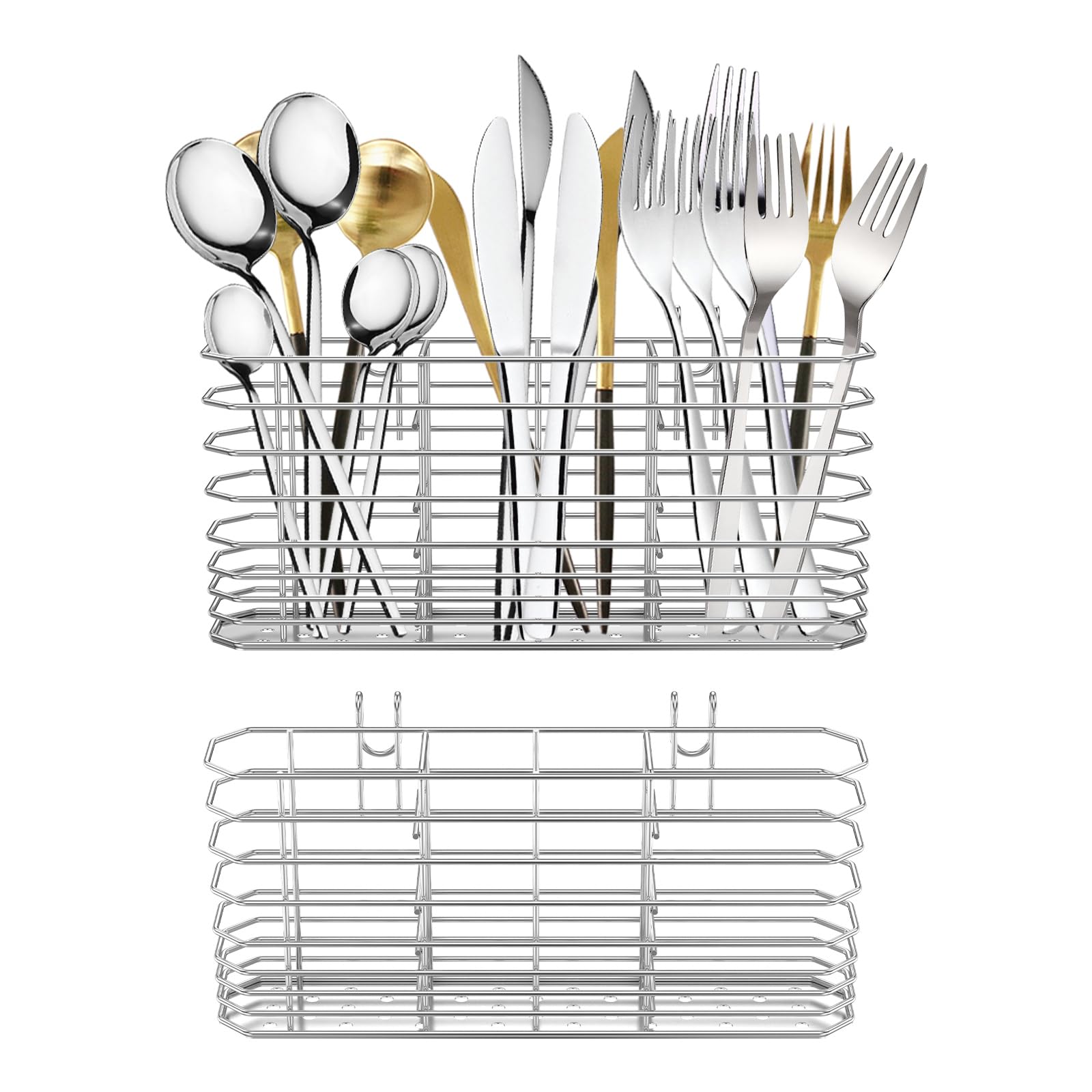 Alongen White Silver 2Pcs Kitchen Utensils Holder, With 3 Compartments Stainless Steel Cutlery Hanging Basket Large Kitchen Utensil Organizer Flatware Caddy For Organize Drawers And Countertops For All Kitchens