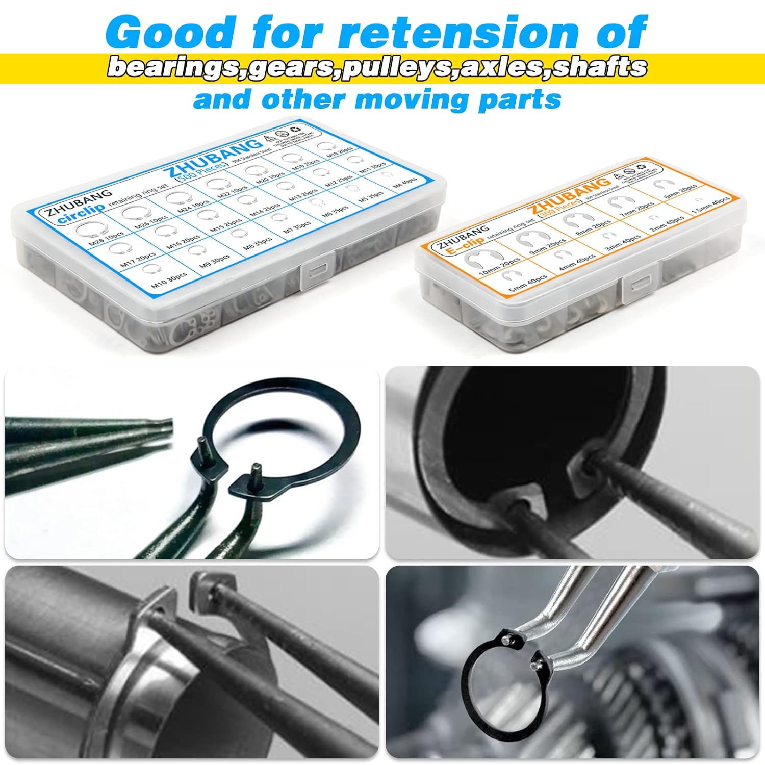ZHUBANG 800Pcs C-clip External Retaining Rings Snap Rings Assortment Kit Circlip 304 Stainless Steel(M4-M28) + E-clip Assortment Set(1.5mm-10mm) + 5Pcs Snap Ring Plier + Tweezer