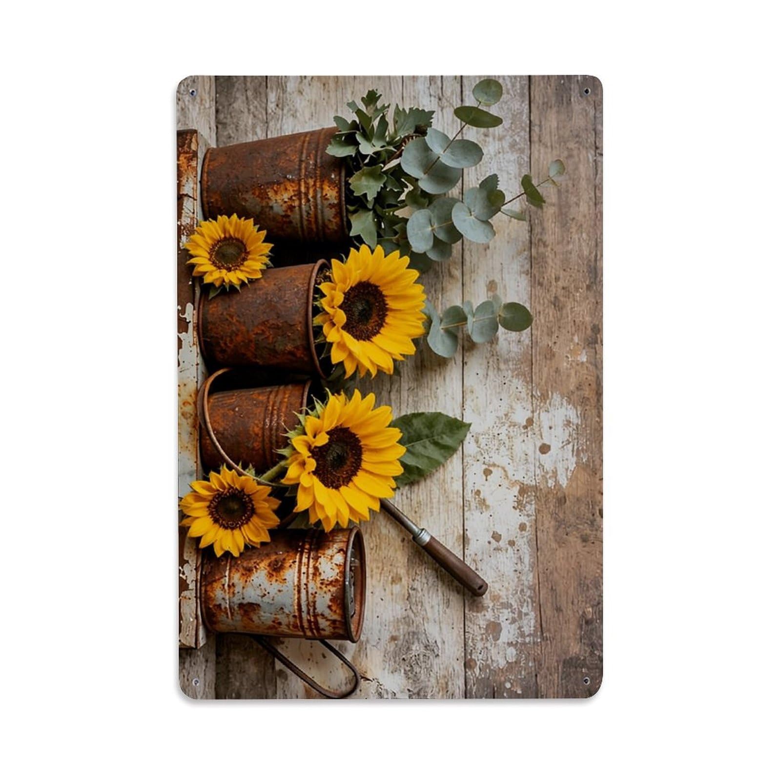 Nestemfo Vintage Rustic Sunflowers And Eucalyptus Leaves Tin Sign Metal Sign, Living Room,Bar, Home, Bedroom Wall Decor,Retro Metal Poster 8X12 Inches