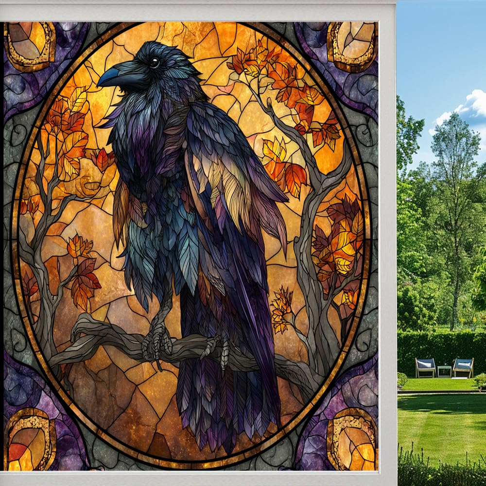 Gothic Nature Crow Stained Glass Window Film, Autumn Raven Black Bird Peel and Stick Privacy Film, Frosted Adhesive Vinyl Decorative for Bathroom Windows Glass Doors,（80x140cm）