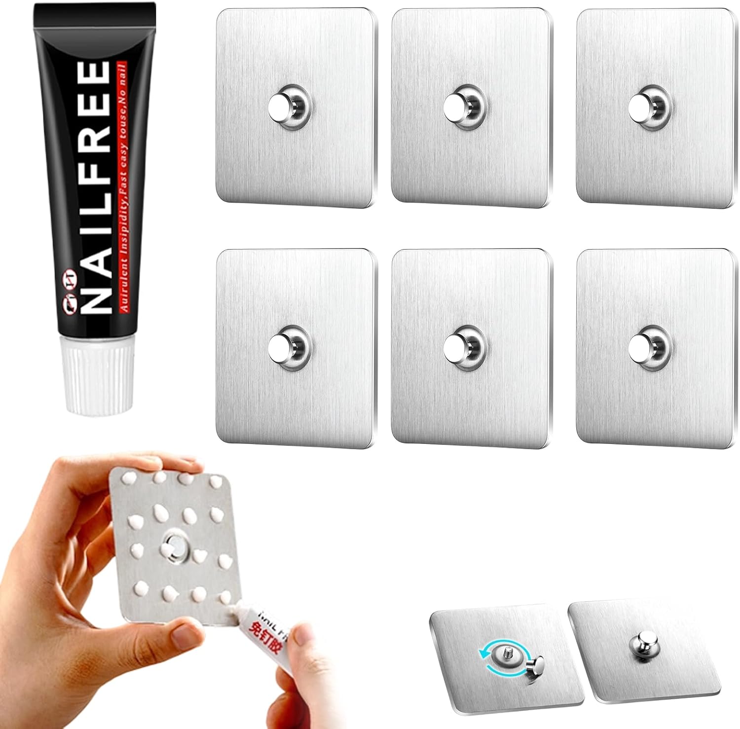 Heavy Duty Adhesive Wall Hooks for Hanging, No Drill Screw Stickers, Damage Free Picture Hangers Without Nails, Self Adhesive Wall Mount Non-Trace Hook for Bathroom Kitchen (6, Spike Diameter 9mm)