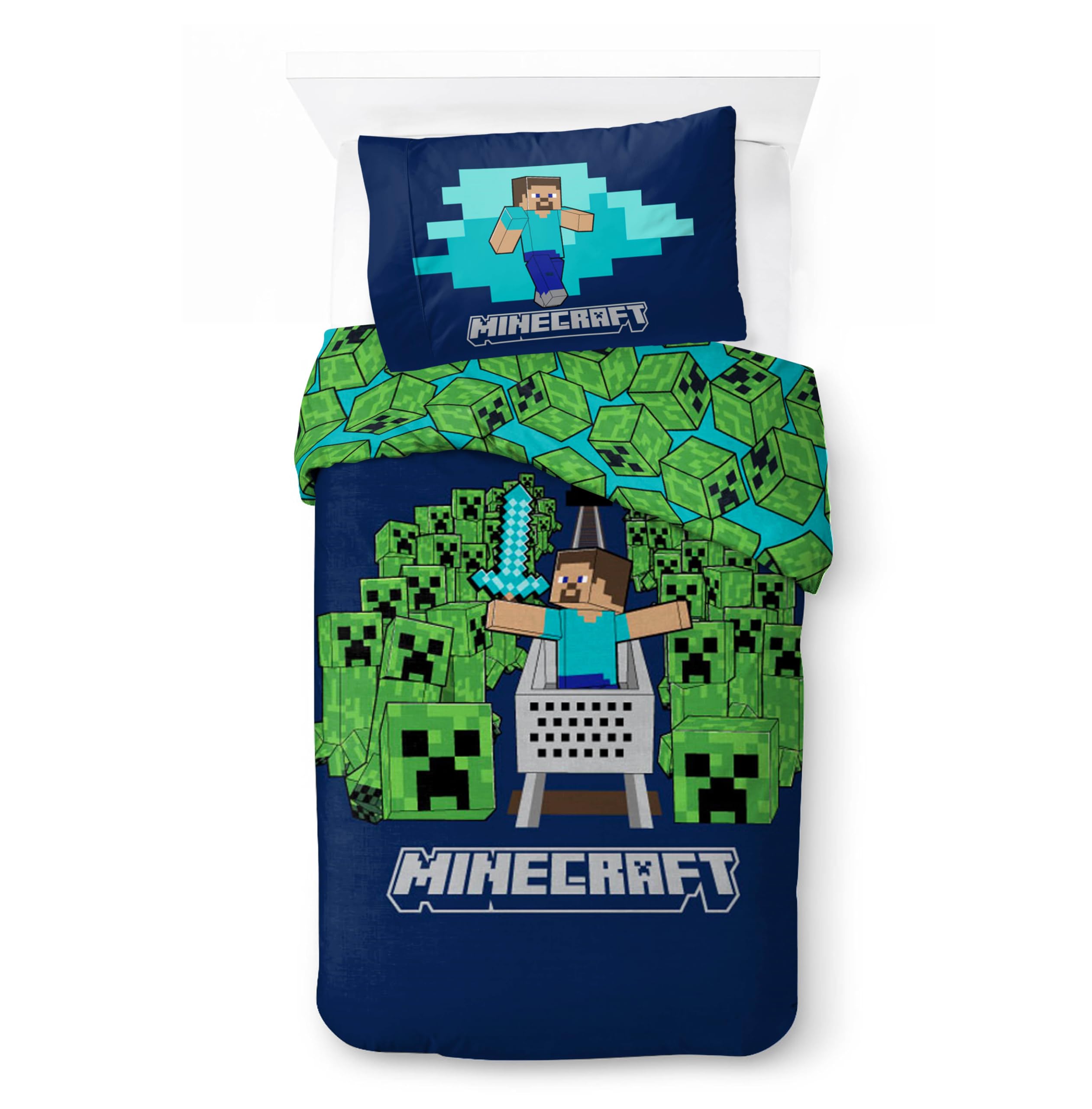 Brandmac Game & Creepers Minecraft Kids Bedding Set | Single Size Duvet Cover 140X200 Cm With Pillowcase 50X70 Cm, 100% Cotton | Soft, Colorful & Riversible Bedlinen Set For Kids | Official Minecraft ''Game & Creepers''