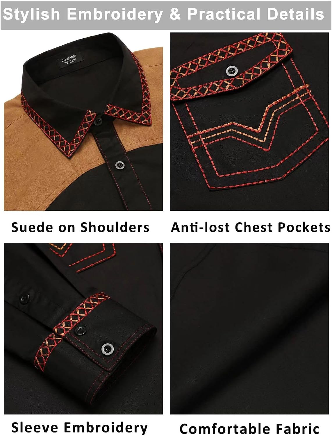 Men's Cotton Shirt for Button Down Western Casual Long Sleeve Flip Pocket Top