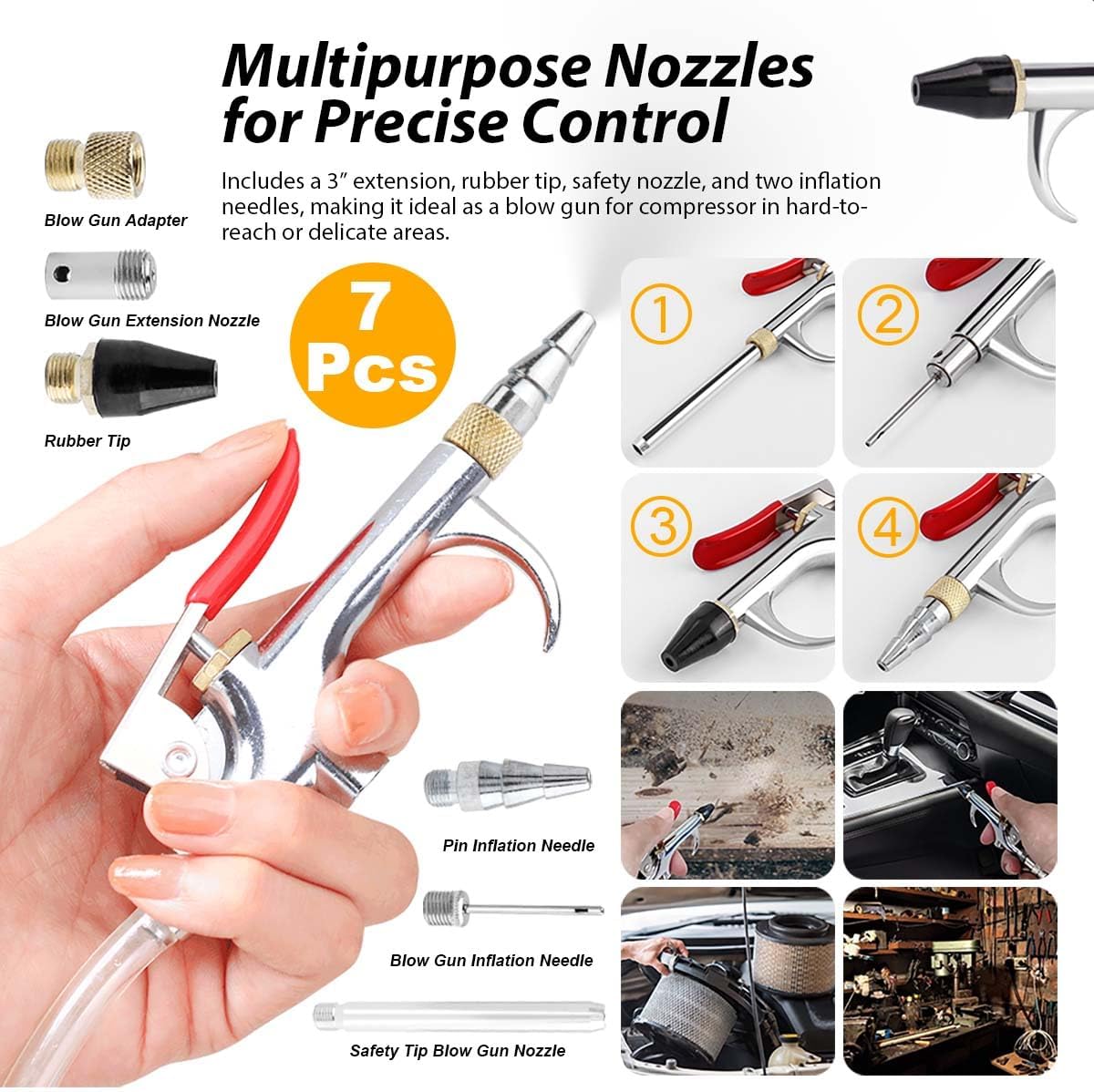 7PCS Air Compressor Accessories Kit, 1/4" NPT Quick Connect Air Tool Set for Compressor, Includes Blow Gun, Extension Nozzle, Rubber Tip, Inflation Needles & Adapter – Alloy Construction