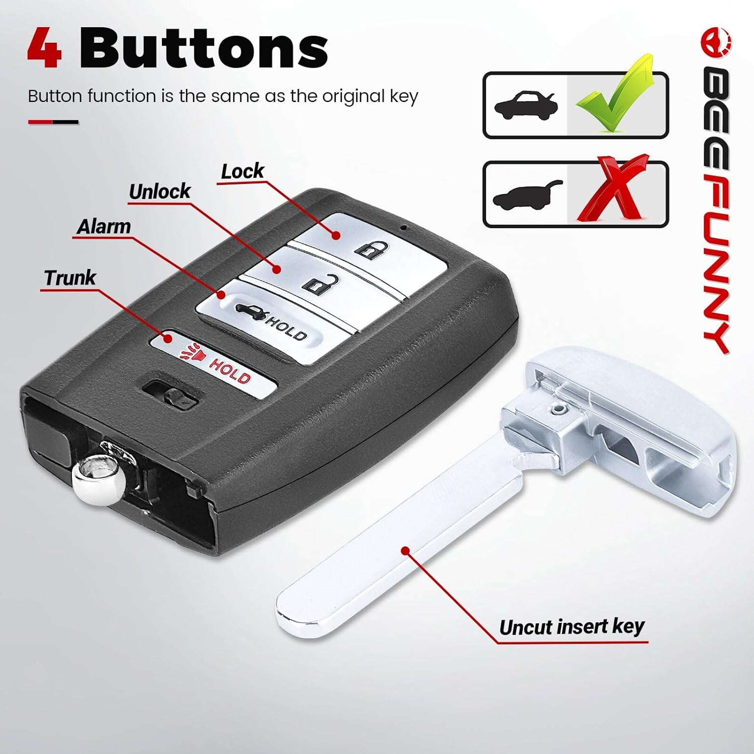 Beefunny Replacement Remote Keyless Entry Key Fob for Acura TLX 2018 -2022 ILX 2019-2022 FCC ID:KR5V2X PN: A2C10950600 72147-TZ3-A31 72147-TZ3-A32 A2C10950500 4Buttons (with chip)