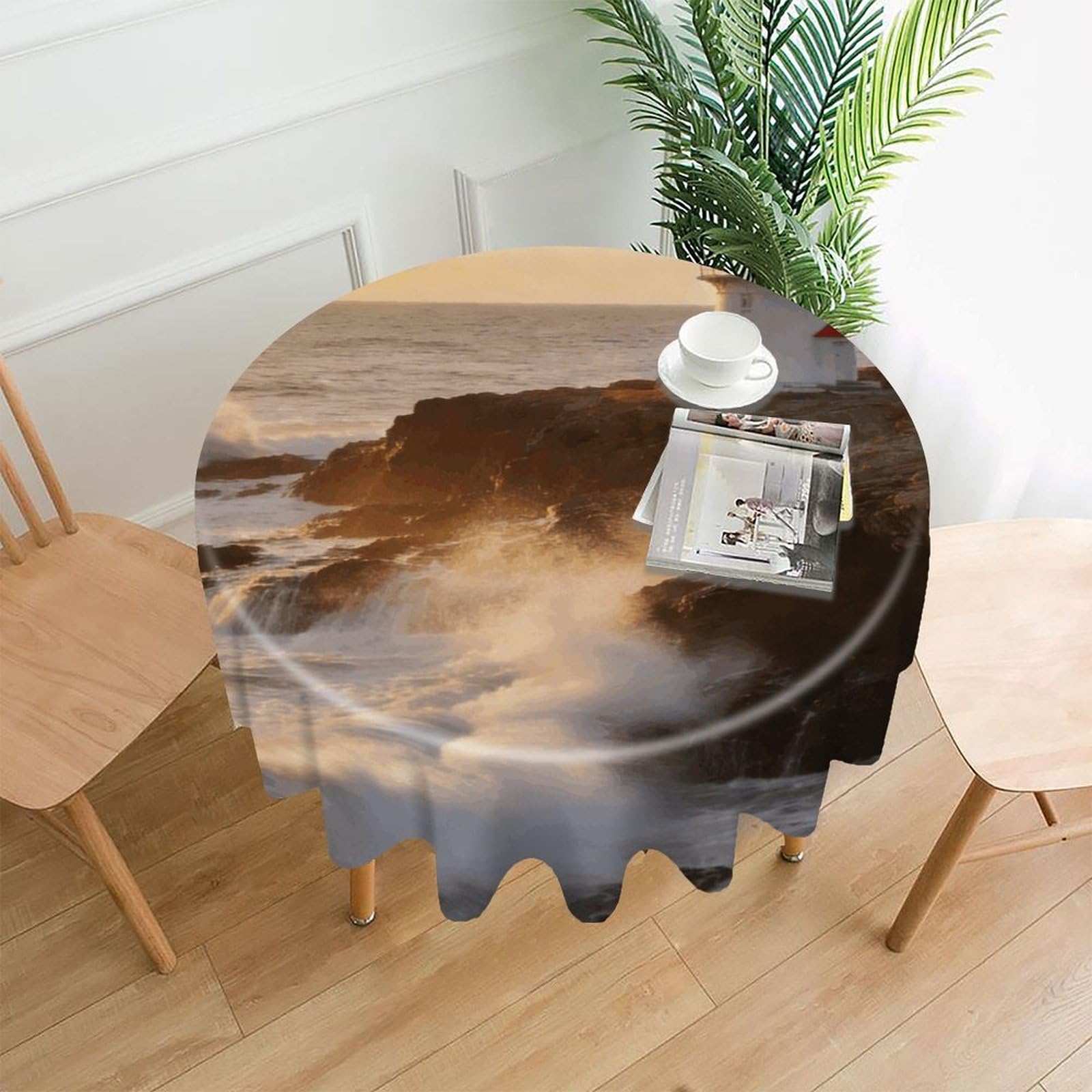 FekiLoot Lighthouse Waves Round Tablecloth Cover 60 Inch Wrinkle Free Washable Polyester Fabric Table Cover Decorative Round Table Cloth for Home Dining Kitchen Party Farmhouse