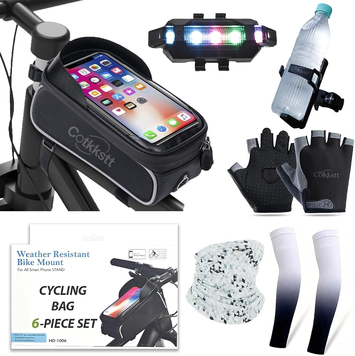 6 Pcs Bike Accessories Set, Mountain Biking Accessories for Men Women, Cycling Bag, Bicycle Bag, Gloves & Waterproof Tail Light, Universal Mountain Road Bicycle Outdoor Safety Riding Gear Kit