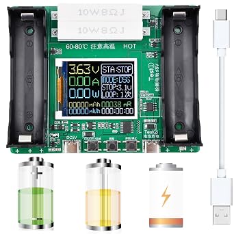 18650 Battery Capacity Tester LCD Display Digital Automatic Charge and Discharge Internal Resistance Tester MAh MWh Lithium Battery Type-C Port Tester with Type-c to USB Cable