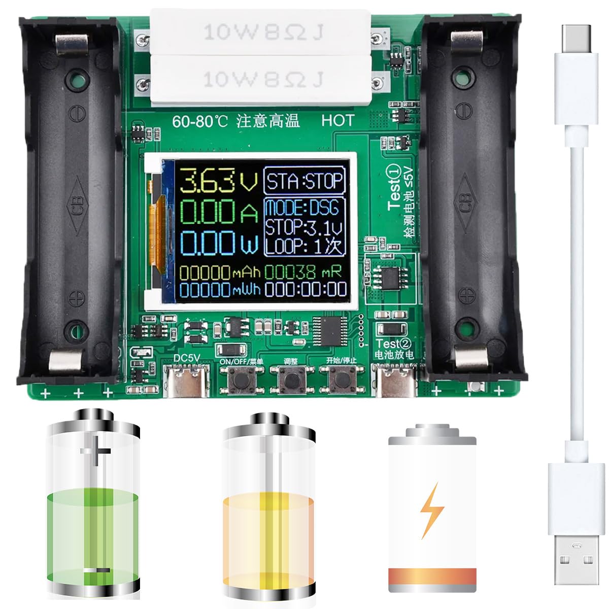 18650 battery capacity tester LCD Display Digital Automatic charge and discharge Internal Resistance Tester MAh MWh Lithium Battery Type-C port tester with Type-c to USB cable-image-45