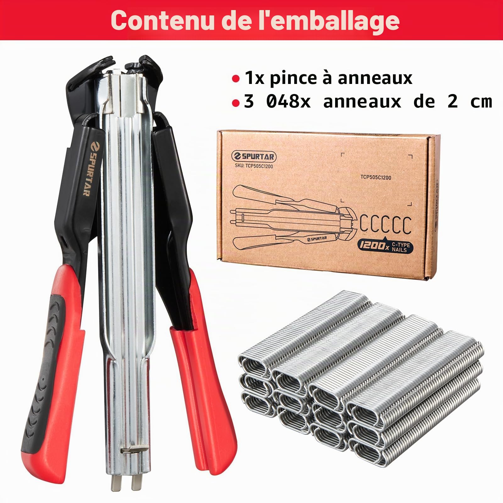 Spurtar Kit de pinces à anneau de porc avec 1200 anneaux d'alimentation automatique de 20MM po à ressort pour fil de poulet clôture et cage pour animaux filets de volaille housses de siège tissus