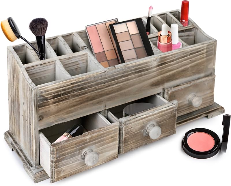 Organizador rústico de madeira Besti para cosméticos com 3 gavetas e 16 compartimentos