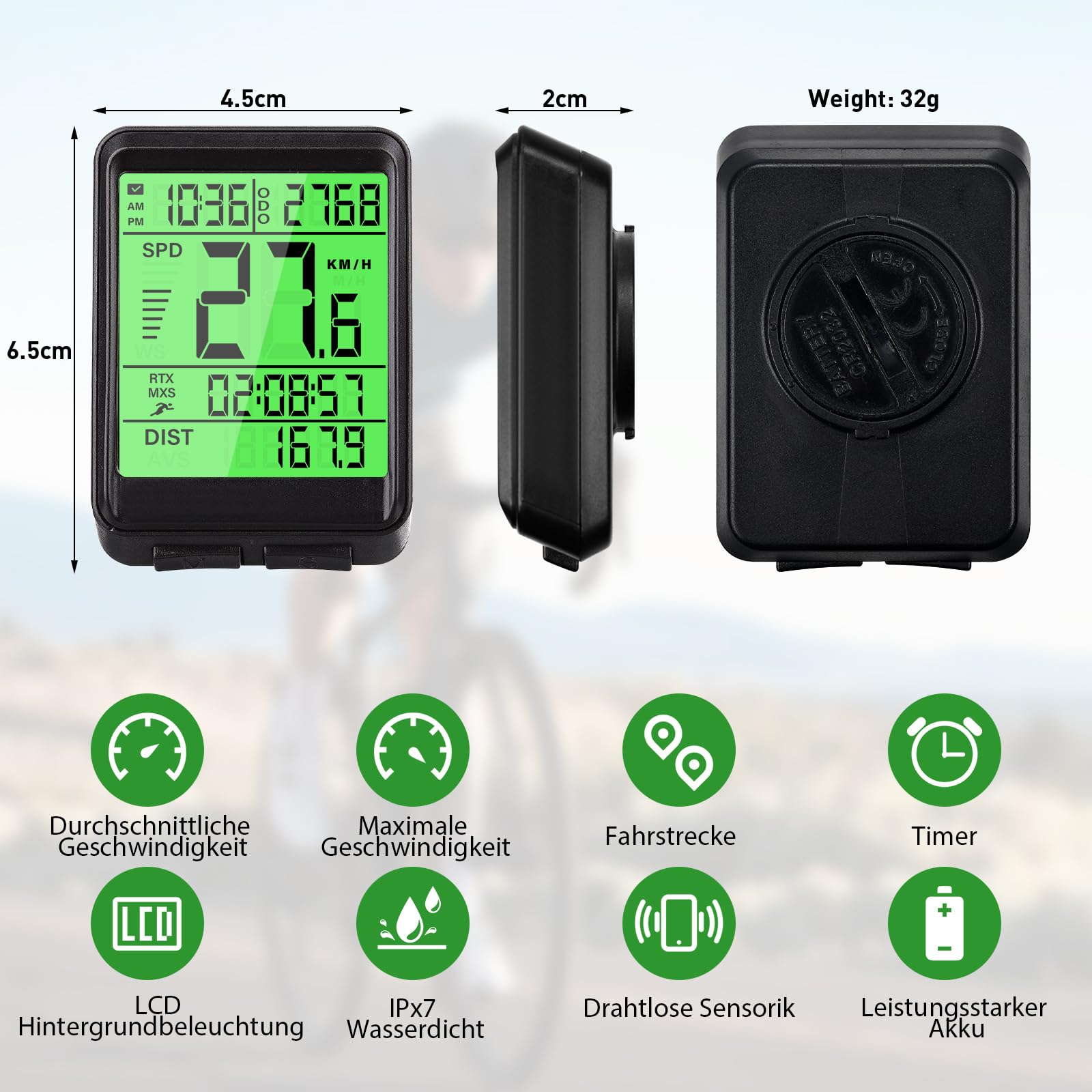 BOOTEEK Fahrradcomputer Kabellos - IPX7 Wasserdicht Mit Hintergrundbeleuchtung