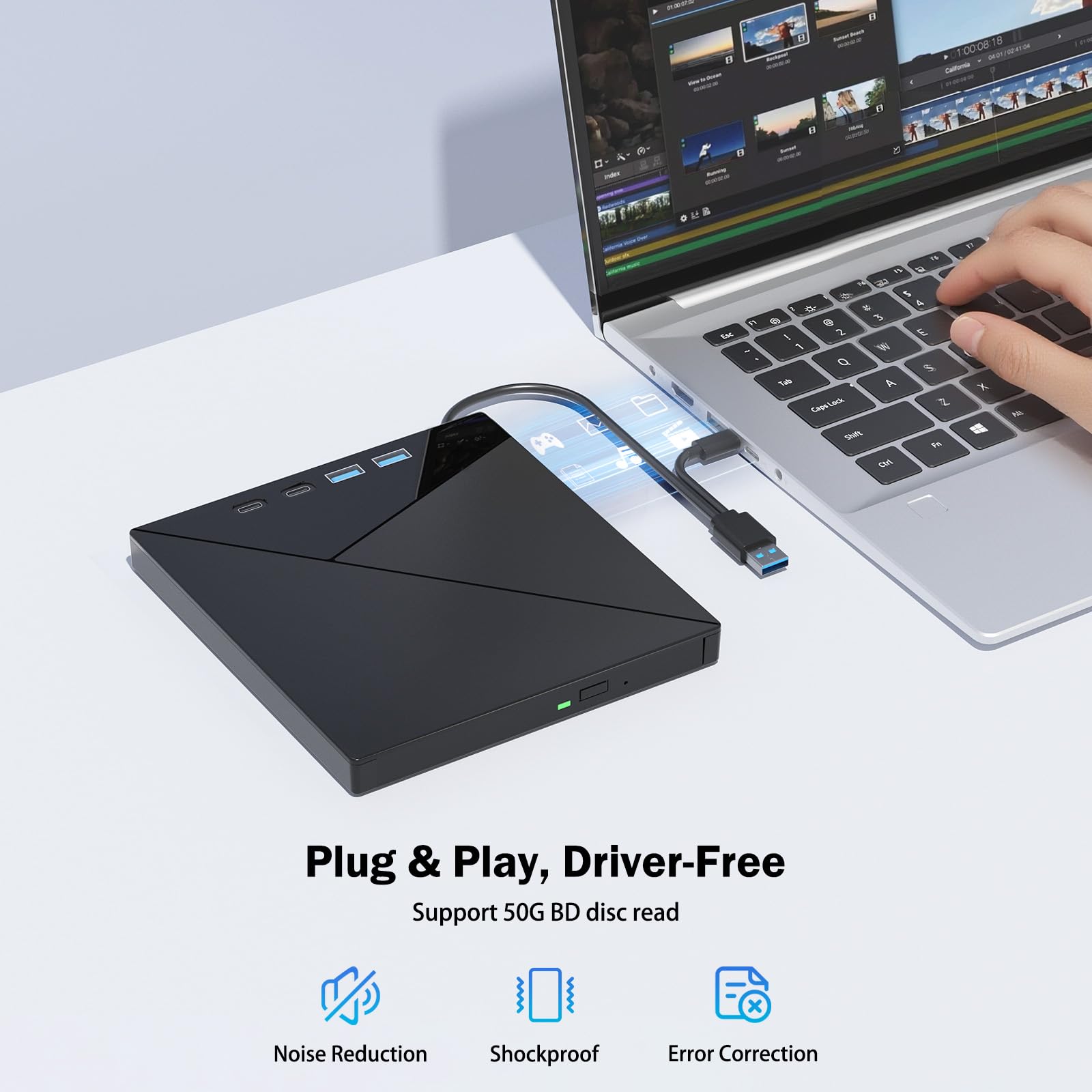 Zewnętrzny napęd Blu-ray 7 w 1, nagrywarka 4K USB 3.0 typu C, przenośny odtwarzacz CD DVD 3D BD