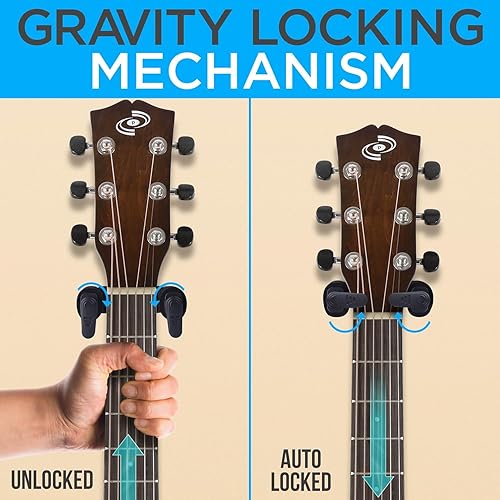 Miniatura 3 de Pyle Soporte de pared para guitarra con bloqueo automático, soporte universal de gancho con base de madera dura Sapele, giro de 45 grados, cojín EVA