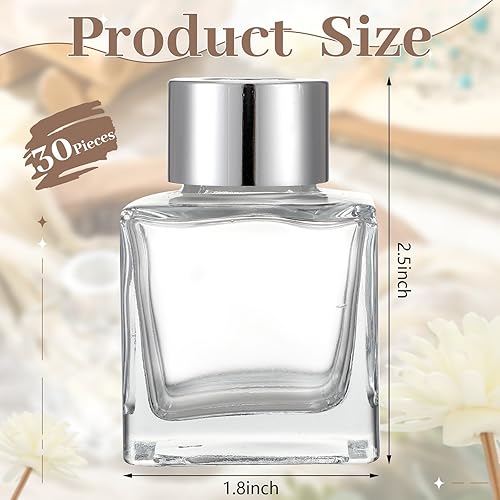 Miniatura 2 de Juego de 30 botellas difusoras cuadradas de vidrio con tapas plateadas, juego de botellas difusoras recargables de 1.7 onzas, tarro difusor de