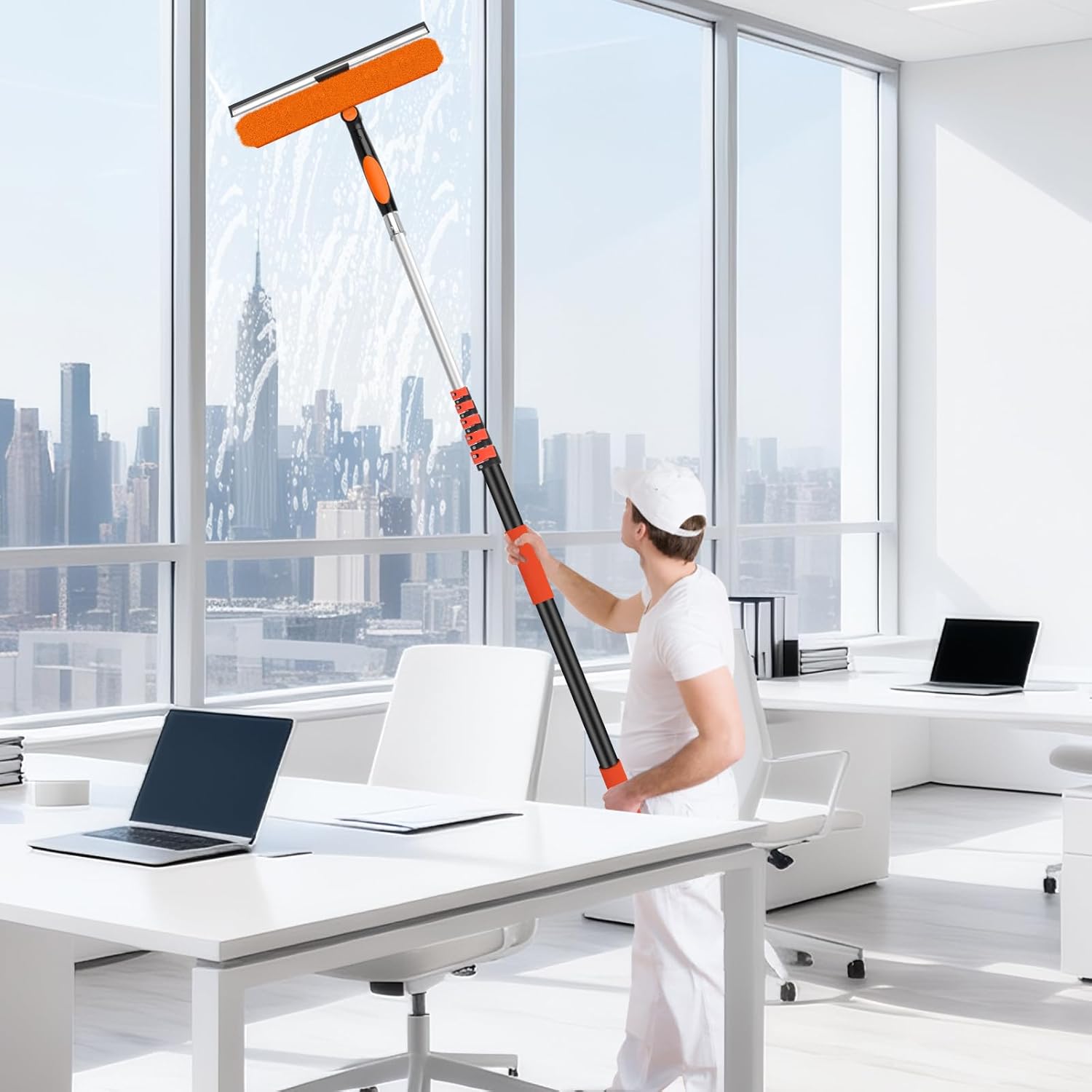 30FT Telescoping Window Cleaning Kit with 14" Squeegee - 2-in-1 Professional Window Scrubber & Extension Pole - Extra Long High-Reach Glass Cleaner Tool for Indoor & Outdoor High Windows, RV