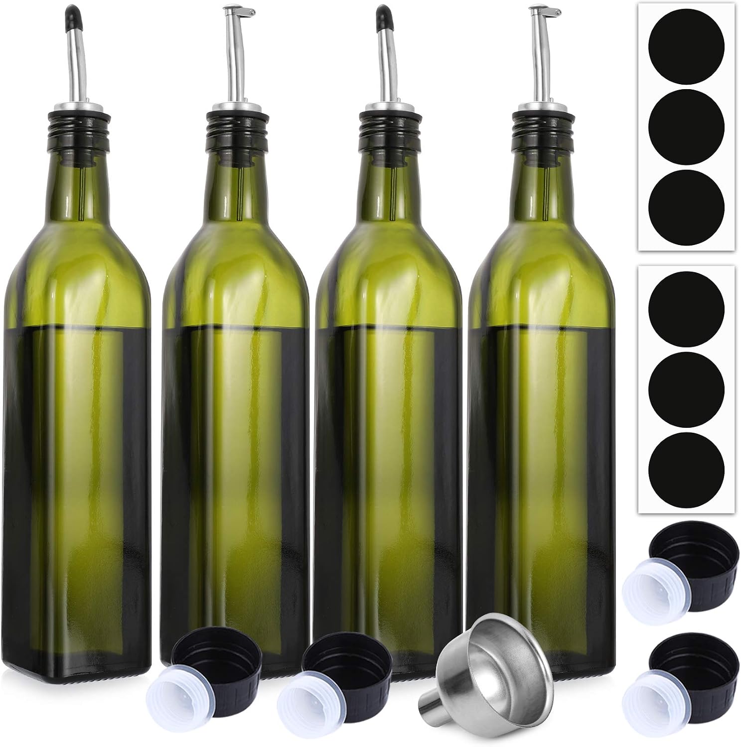 AOZITA 4-Pack 17oz Glass Olive Oil Dispenser Bottle - 500ml Dark Green -Oil & Vinegar Cruet with Pourers and Funnel - Olive Oil Carafe Decanter for Kitchen