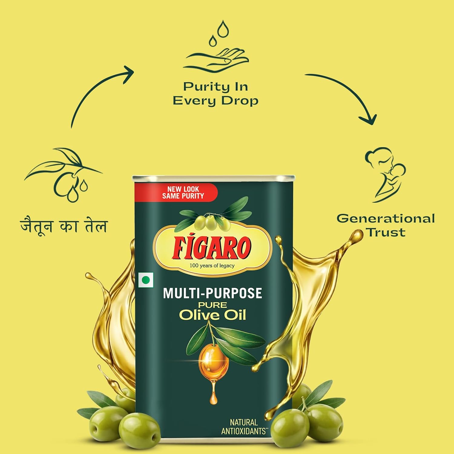 Figaro Olive Oil | Multipurpose Pure Olive Oil | Imported from Spain | 1L Tin (33.81 Fluid Ounces)