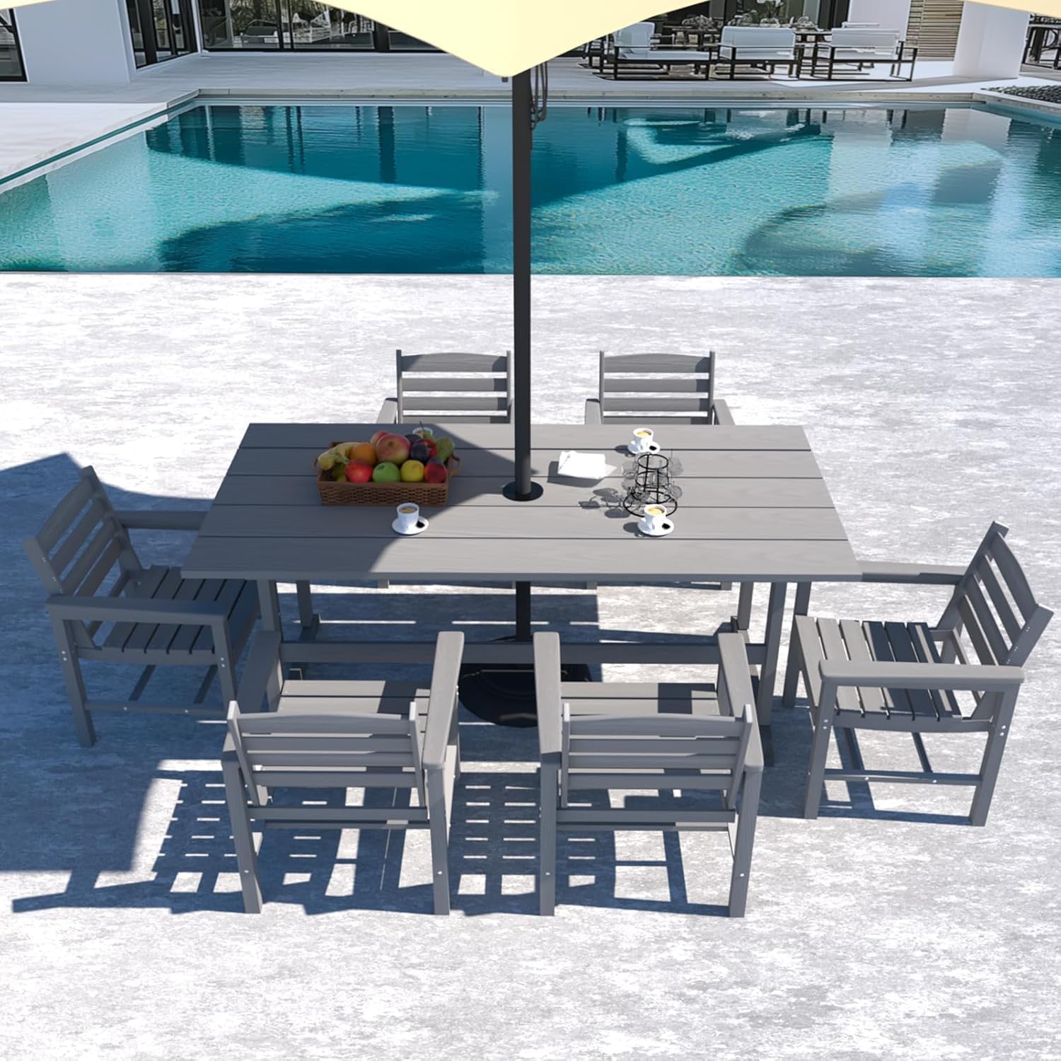 3 Pieces Patio Dining Table Set, HDPE Outdoor Table and Chairs, All-Weather Wood Furniture Dining Table with 1.96" Umbrella Hole for Backyard,Garden and Poolside (Grey, 2 Chairs+1 Table)