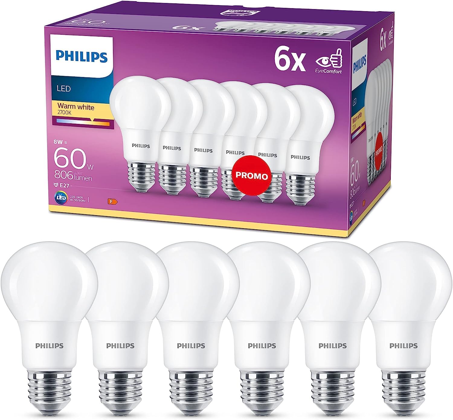 Philips Philips LED E27 Frosted Light Bulbs, 8 W (60 W) - Warm White, Pack of 6, Standard Range