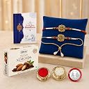 DeoDap Five Piece Raksha Bandhan Set with Rakhi, Bhabhi Lumba, 32 g Chocolate Coated Almonds, Silver Colour Pooja Coin and Greeting Card gallery image