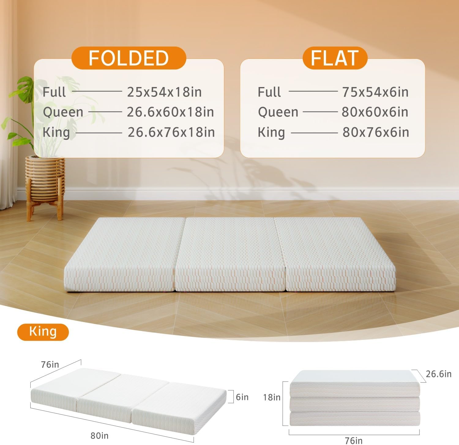 Vipbear 6 Inch Tri-fold Mattress King Size, Spacious Folding Memory Foam Bed with Washable Cover & Storage Bag, Portable Floor Lounger for Guests, Families & RV