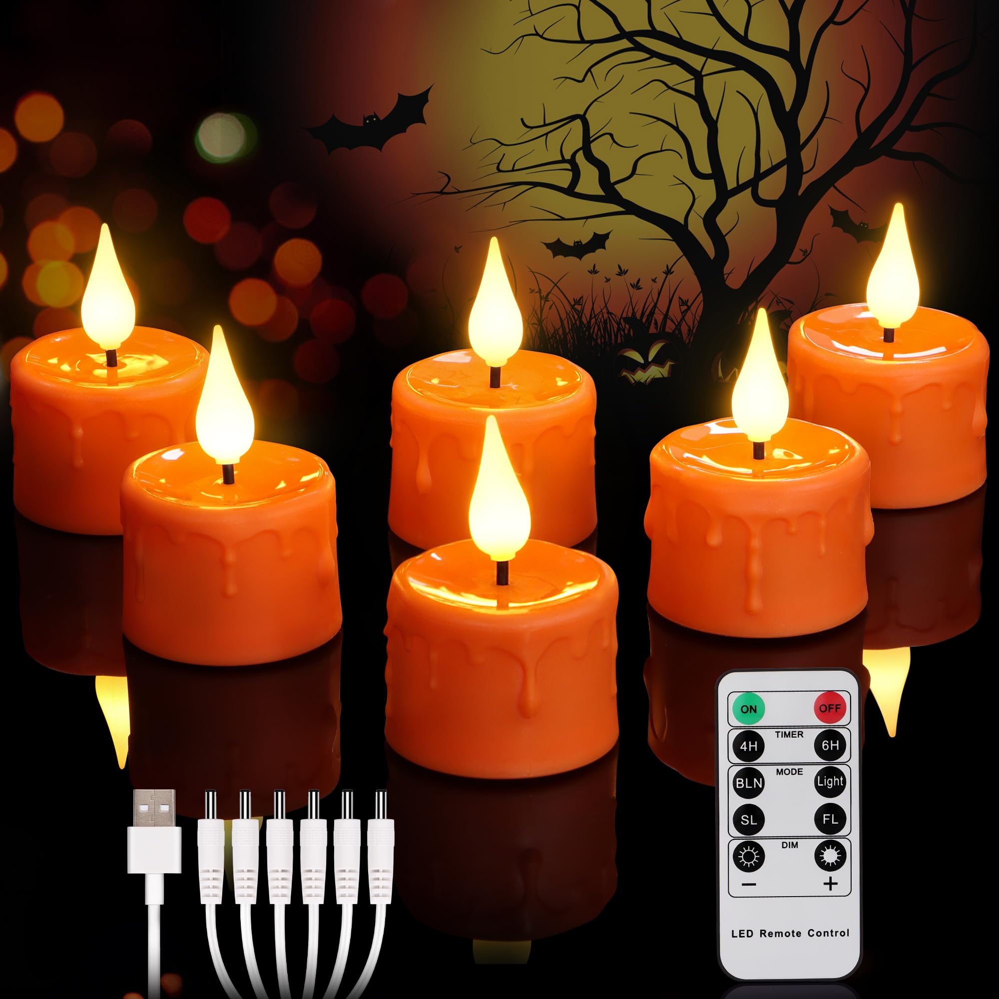 6 pcs Halloween Orange LED Tea Light Candles Rechargeable Flickering Flameless Pumpkins Tealights with Remote for Fall Halloween Lantern Decor (Orange)
