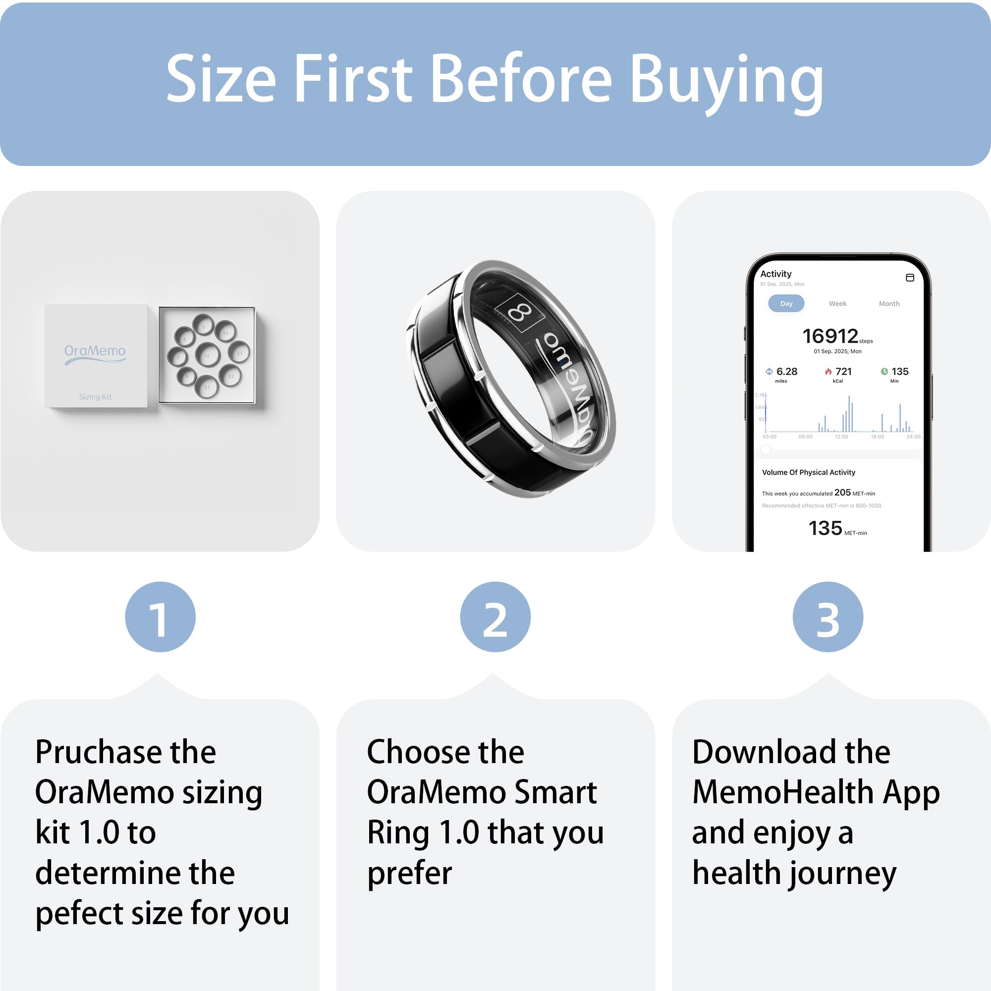 Smart Ring 1.0 pour homme/femme, pas de frais d'abonnement, autonomie de 7 à 8 jours, HRV/surveillance du stress/suivi du sommeil/fitness pour iOS et Android (noir brillant, 6)