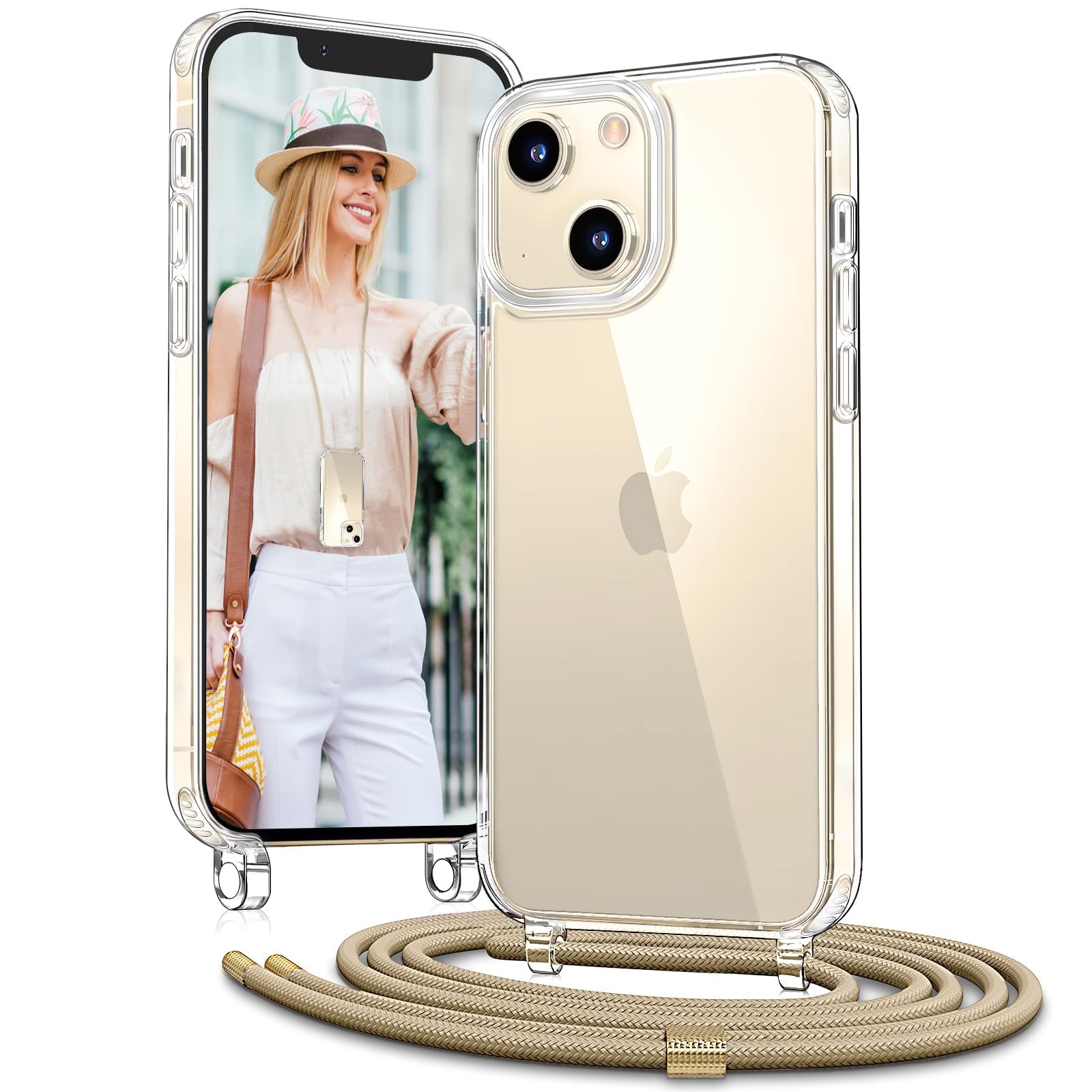 Vaykwo Handykette mit Band für Apple iPhone 14 Hülle und iPhone 13 Hülle - Necklace Handyhülle - Transparente Case zum Umhängen mit Kameraschutz und Bildschirmschutz - Golden | Necklace Handyhülle, Transparente Case zum Umhängen, Verstellbar und Abnehmbar