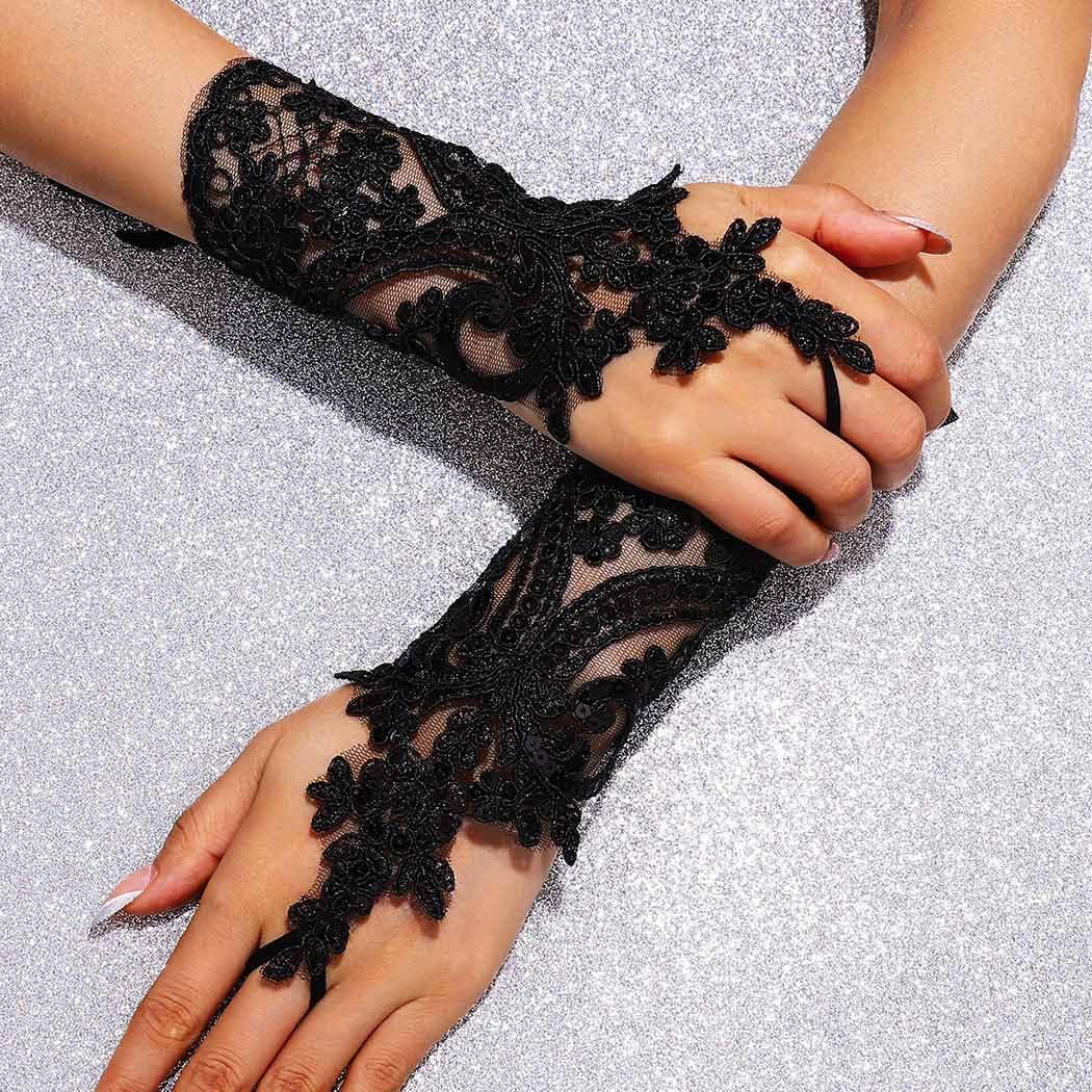 GORTIN Fingerless Lace Gloves Black Bride Wedding Short Glove Sequins Opera Prom Halloween Gloves for Women