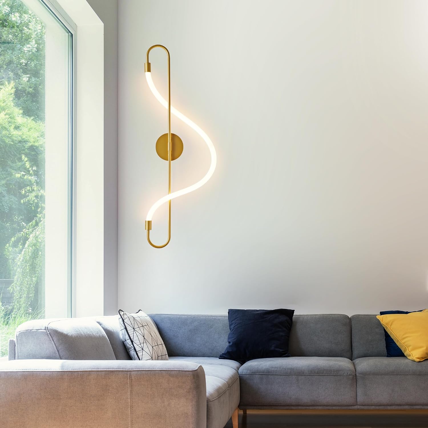 Modern LED Plug in Wall Sconces, 15W 1200LM 3000K Plug-in/Cordless Wall Light Fixtures for Bedroom and Living Room, White Flexible Silicone LED Tube Wall Mount Reading Lamp, Gold Left