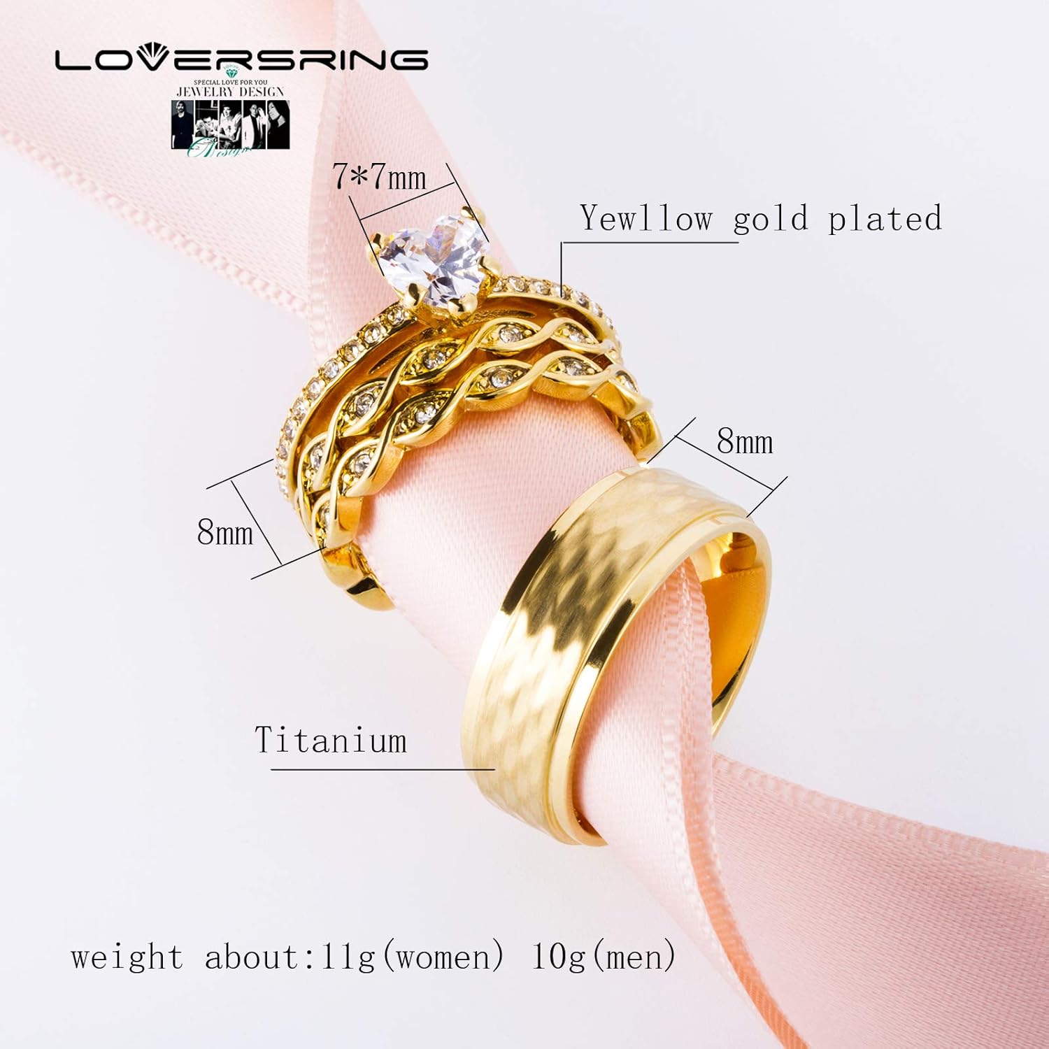 LOVERSRING 3pc Couple Ring Bridal Sets Women 14k Yellow Gold Plated Cz Man Titanium Band Wedding Ring Sets for Him and Her