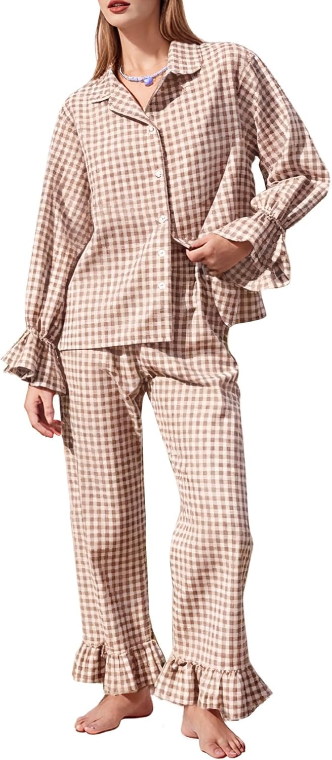 Flygo Womens Gingham Pajamas Sets Cotton Plaid Pjs Ruffled Sleeve Button Down Shirt Pants Y2k 2 Piece Lounge Set