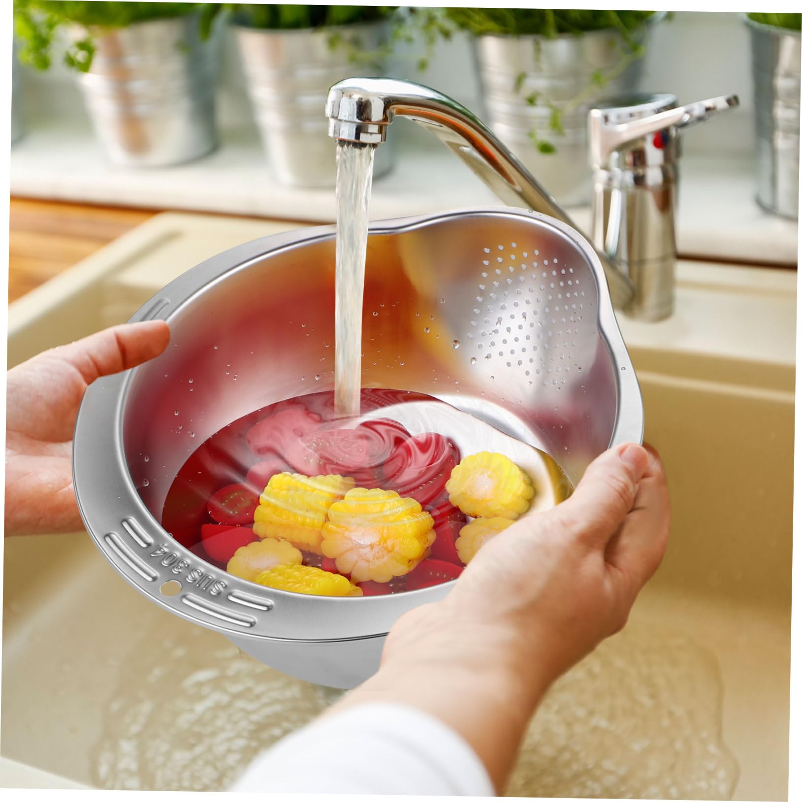 Lavadero De Arroz De Acero Inoxidable Colador Multifuncional Para Lavar Arroz Frutas y Verduras La Cocina Escurridor De Alimentos Asa
